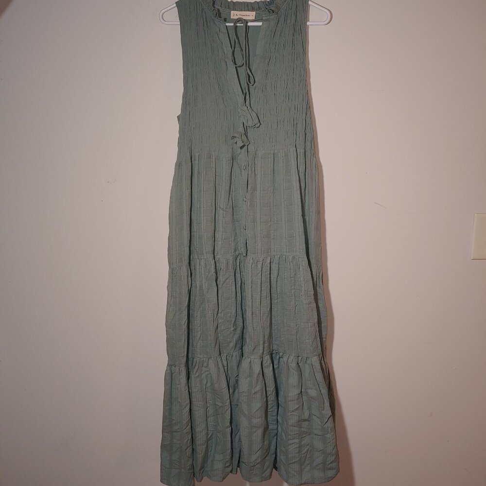 By Together Gauze Crinckle Lined Tiered Maxi Shirt Dress Sz M Seafoam Green